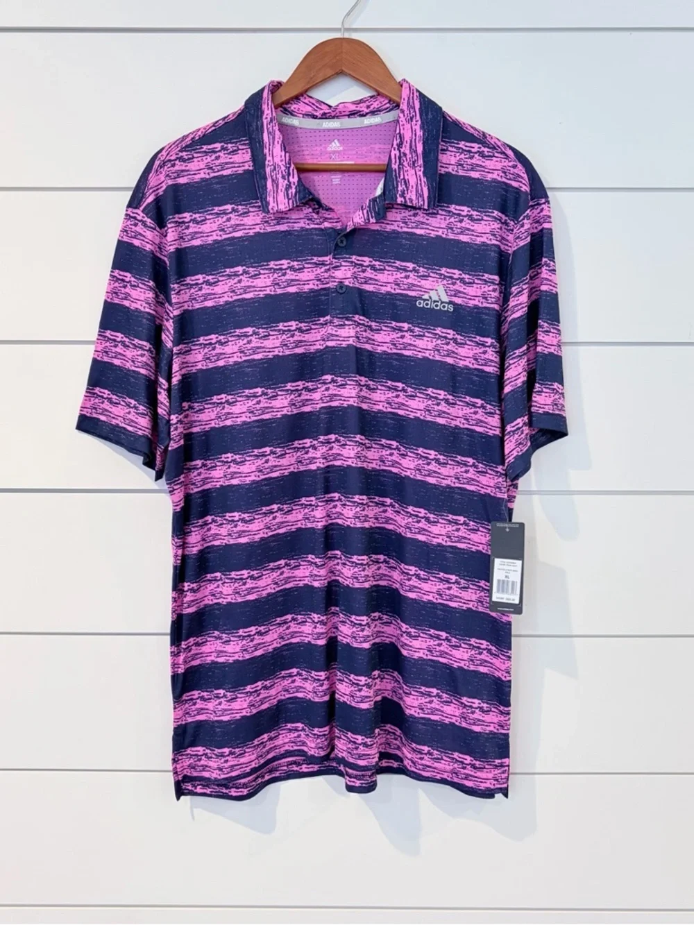 Adidas Golfcore Polo XL Pink Navy Striped Performance Athleisure Shirt Preppy
